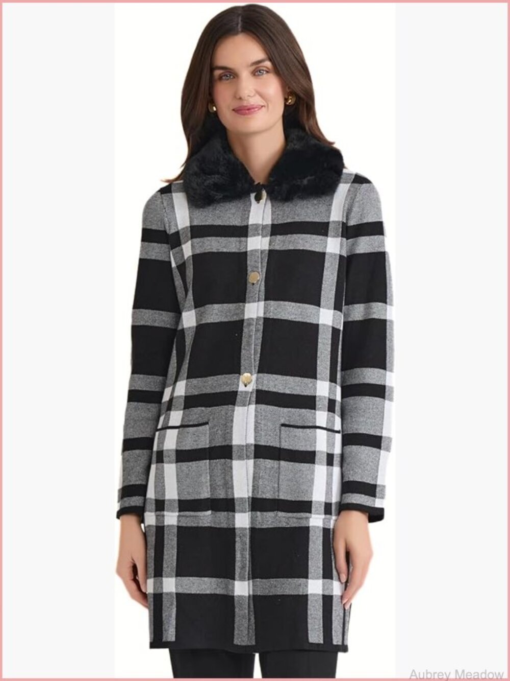 Faux Fur Collar Plaid Cardigan Coat Womens Size M